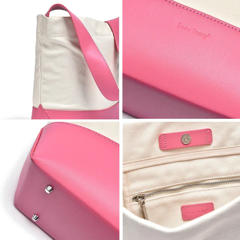 Casual Canvas Patchwork Tote Bag in White and Pink Color for Stylish American Women