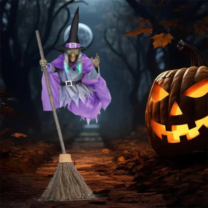 Large 6-foot animated floating witch decoration for outdoor Halloween, with lifelike facial features and flowing purple skirt