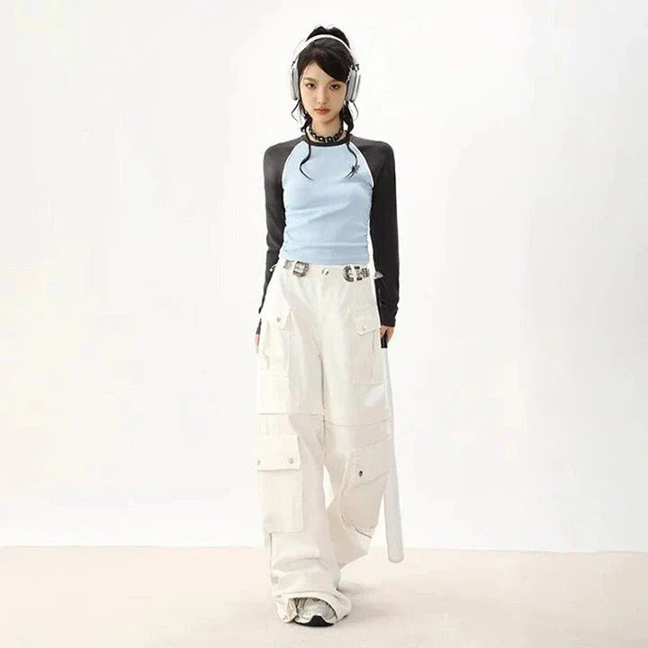 Chic Retro Patchwork Ribbed T-Shirt for Women in Blue, featuring a unique patchwork pattern and a comfortable, stylish design.