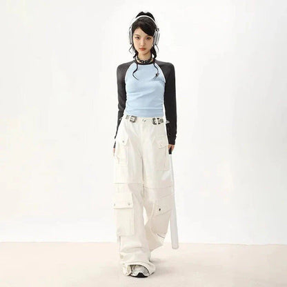 Chic Retro Patchwork Ribbed T-Shirt for Women in Blue, featuring a unique patchwork pattern and a comfortable, stylish design.