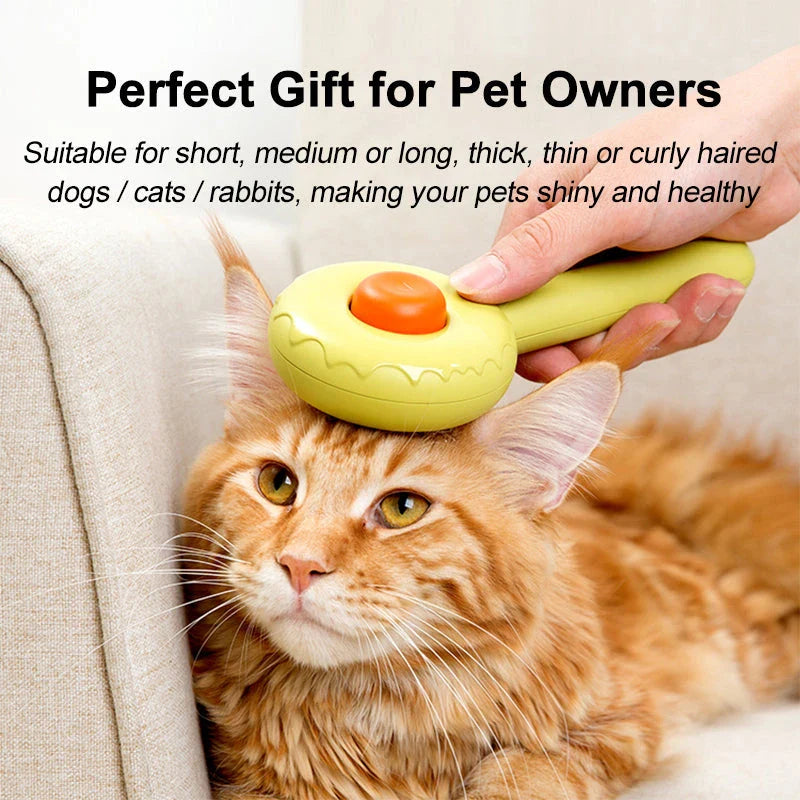 Hamburger-shaped cat brush comb with customizable grooming options to reduce shedding and hairballs for a cleaner home