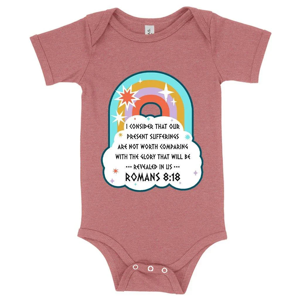 Soft, comfortable Bible verse onesie in mauve triblend fabric for newborns and growing babies up to 24 months