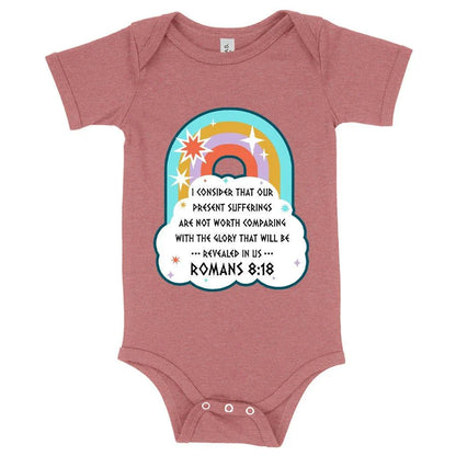Soft, comfortable Bible verse onesie in mauve triblend fabric for newborns and growing babies up to 24 months