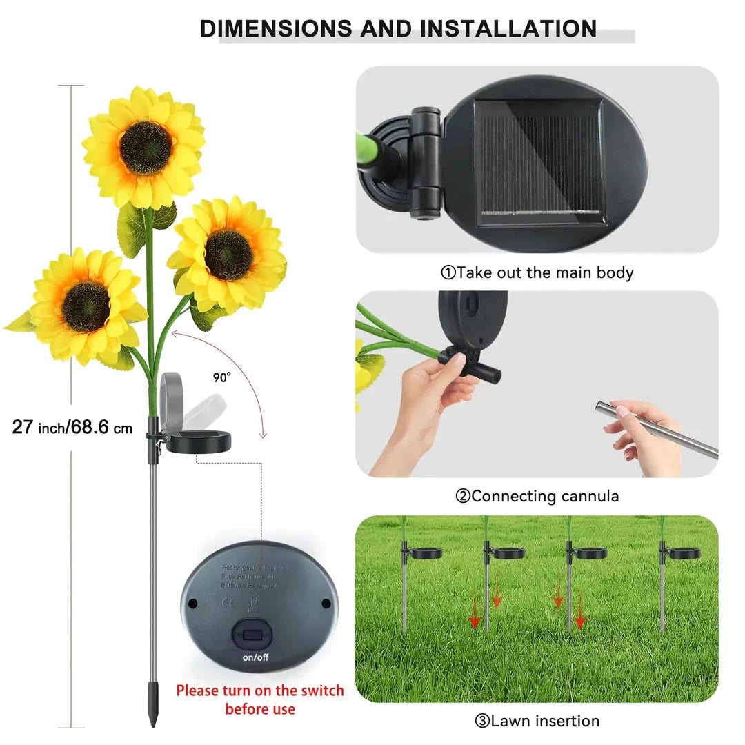 Realistic solar-powered sunflower garden lights for outdoor decor, illuminating a patio or backyard with a warm, enchanting glow.