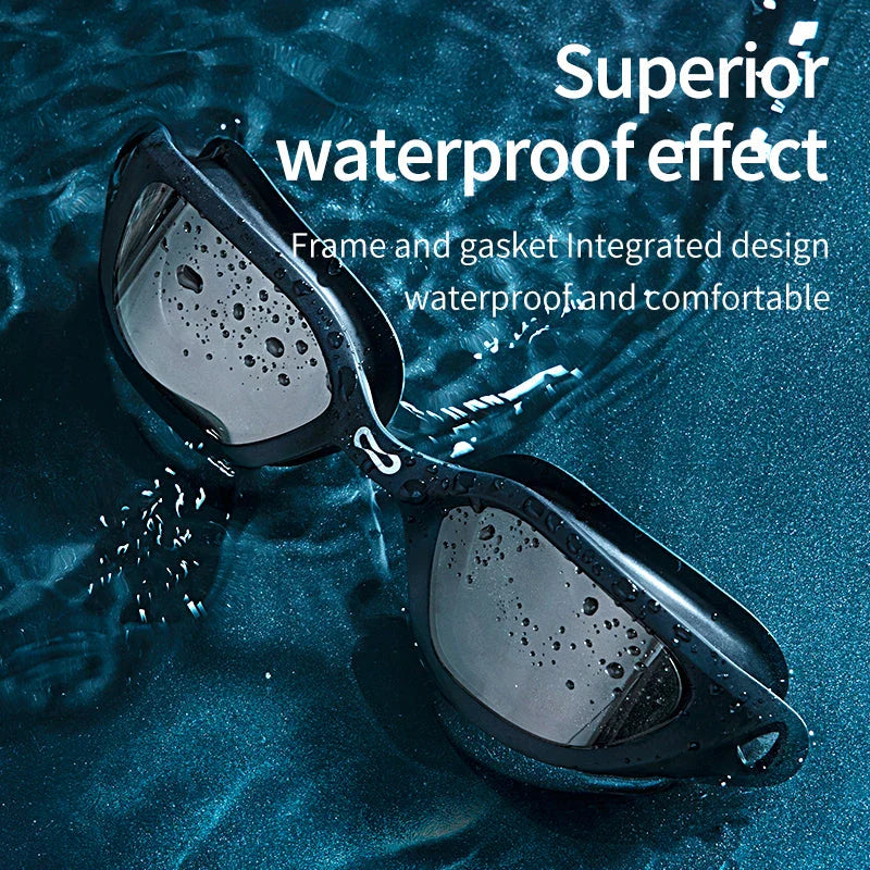 Premium anti-fog mirrored swimming goggles with adjustable silicone strap and UV protection
