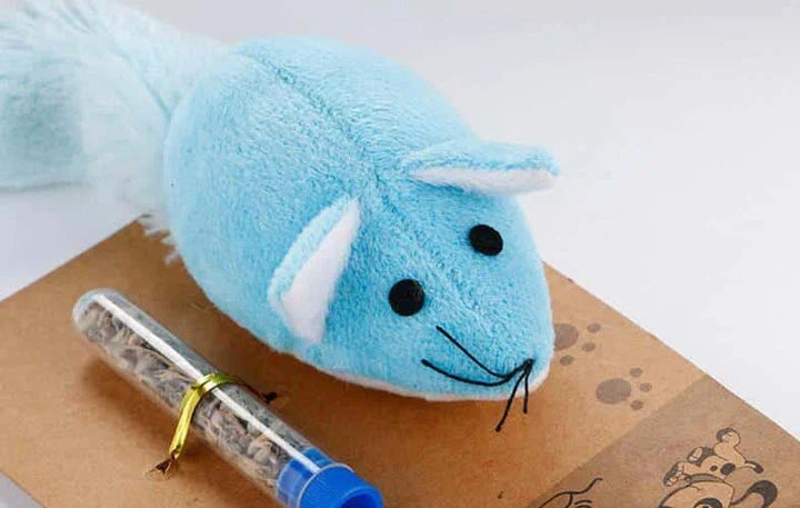 An orange long-tailed mouse-shaped teaser toy for cats, designed to captivate their attention and trigger natural hunting behaviors.