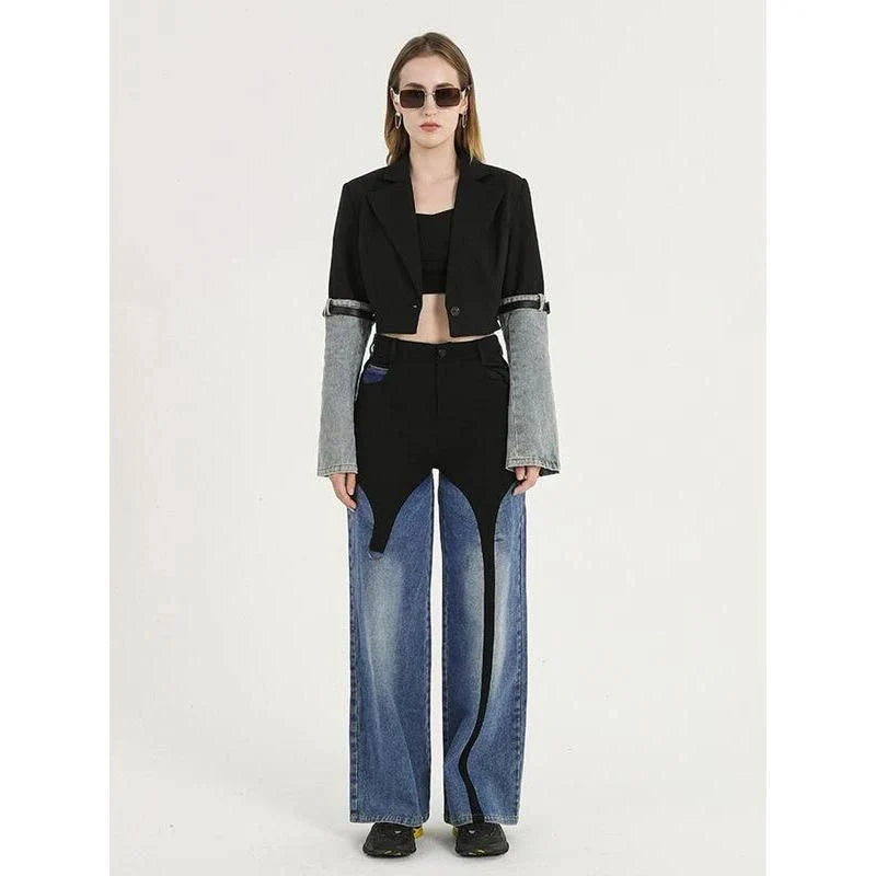 Stylish denim patchwork blazer with a unique design, perfect for autumn fashion