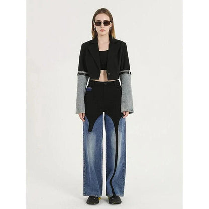 Stylish denim patchwork blazer with a unique design, perfect for autumn fashion