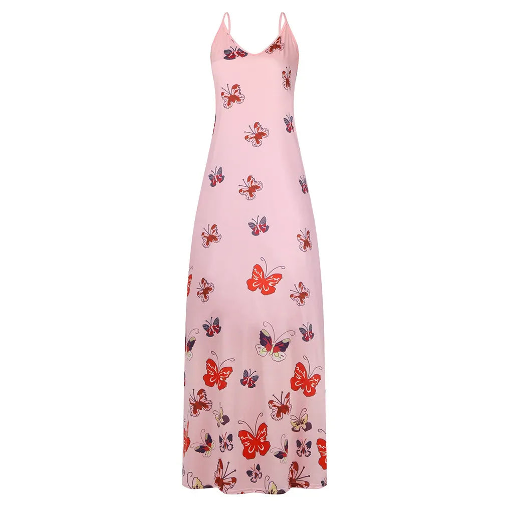 Stylish butterfly print high-waist dress with flowy, swing-style skirt and lightweight, breathable polyester fabric
