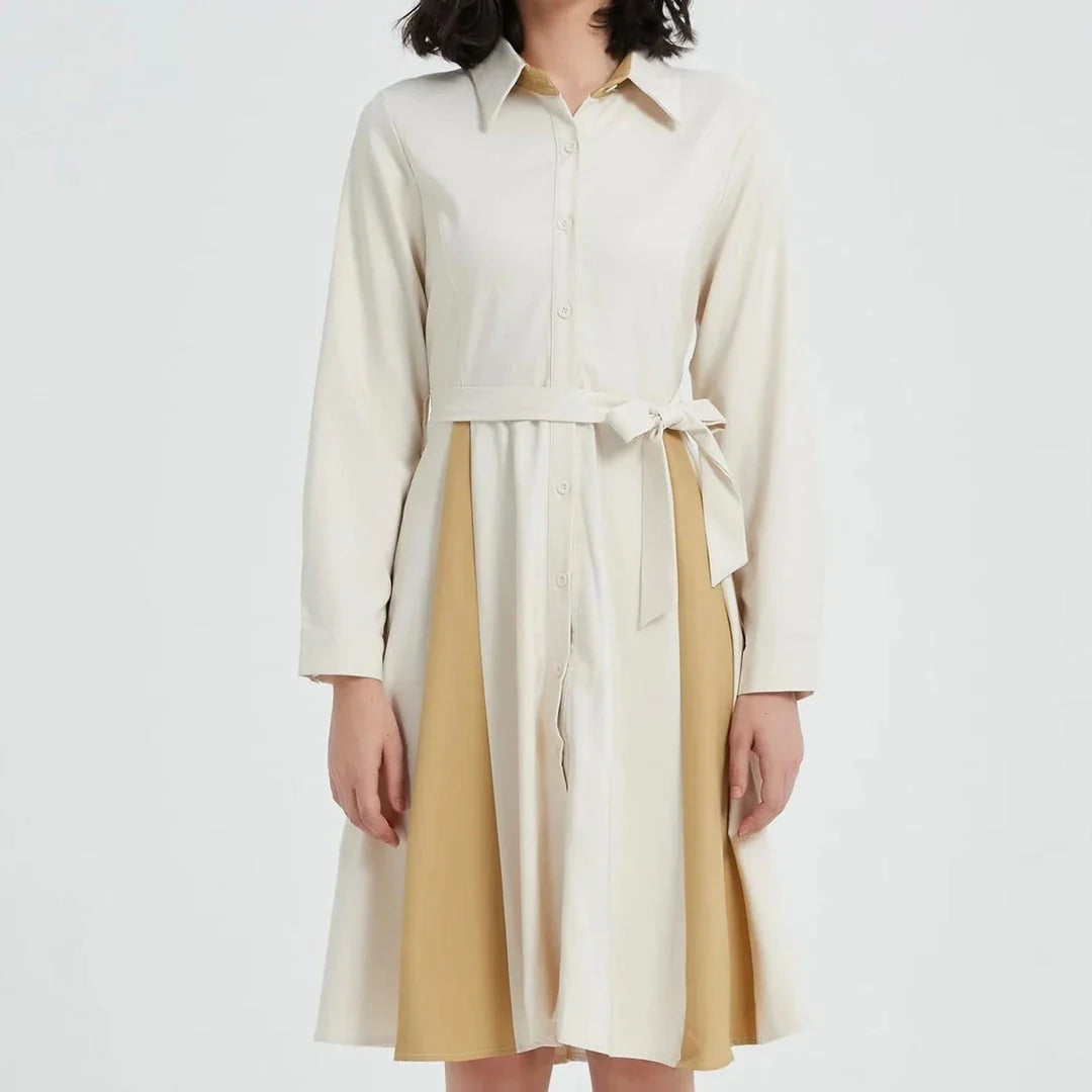 Elegant beige A-line dress with long sleeves, turn-down collar, and included belt for a flattering silhouette