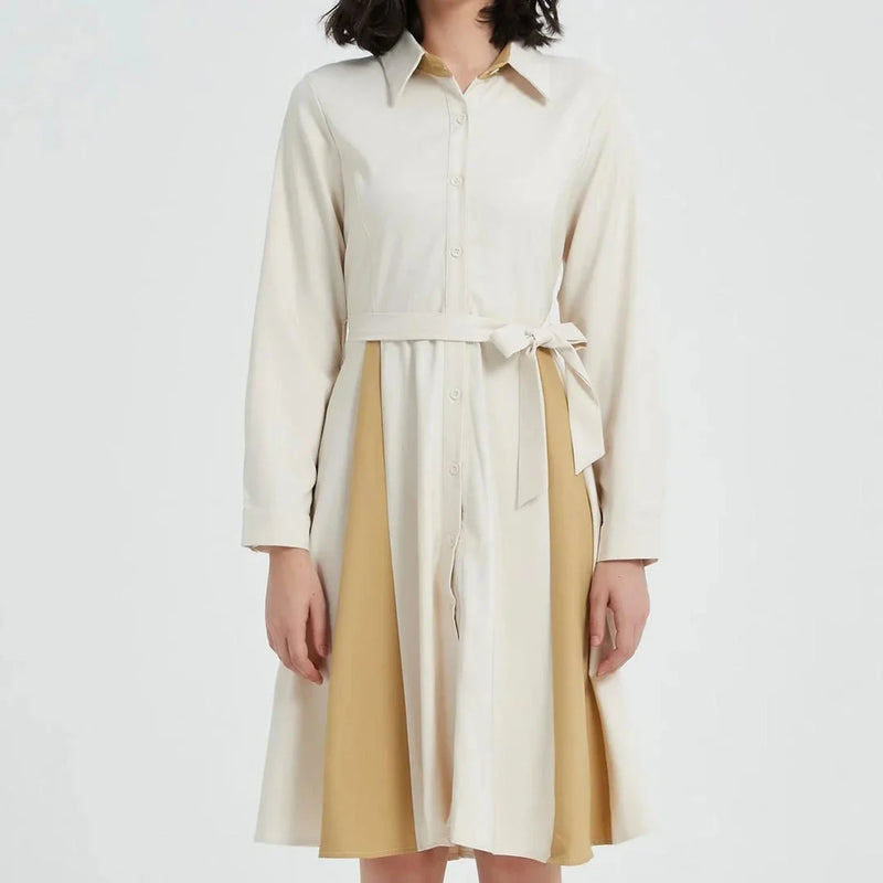 Hhomeenjoy Elegant Beige A-Line Long Sleeve Dress with Stylish Belt