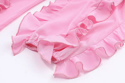 Cute heart-shaped bow tie blouse for girls in pink with ruffled v-neck and slim fit