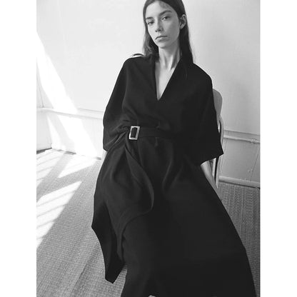 Elegant lace-accented mid-length dress in black, featuring a premium rabbit fur fabric and adjustable waist belt for a flattering silhouette.