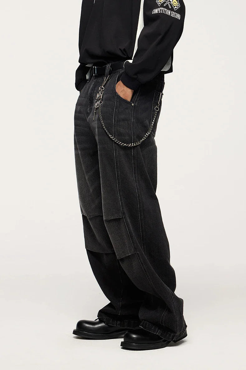 Men's relaxed fit retro straight-leg jeans in black, gray, and denim blue with vintage-inspired details