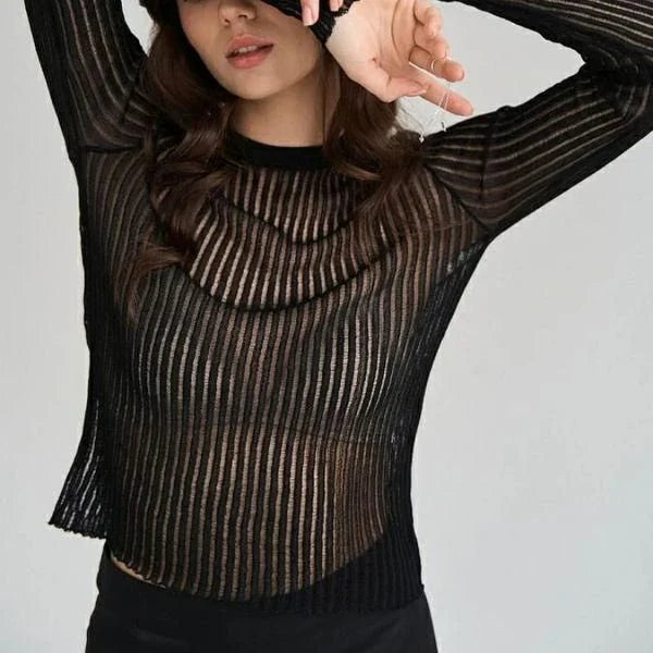 Elegant striped long sleeve sheer blouse for women, featuring a slim fit, breathable fabric, and modern decoration