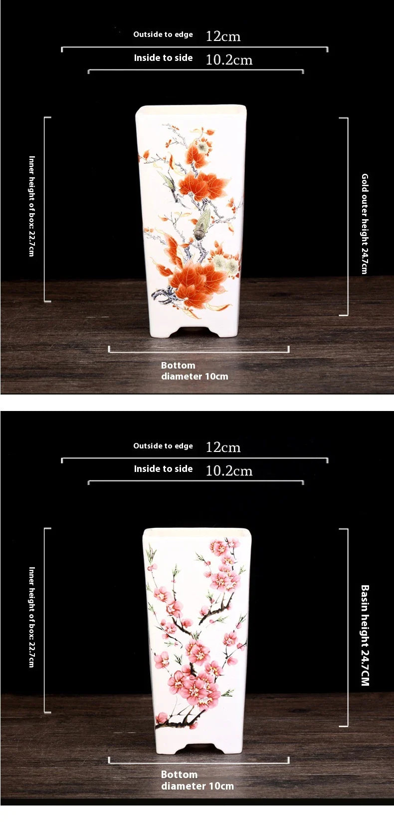 Elegant square ceramic planter in white with a Chinese-inspired design, suitable for indoor plants like asparagus fern and orchid.