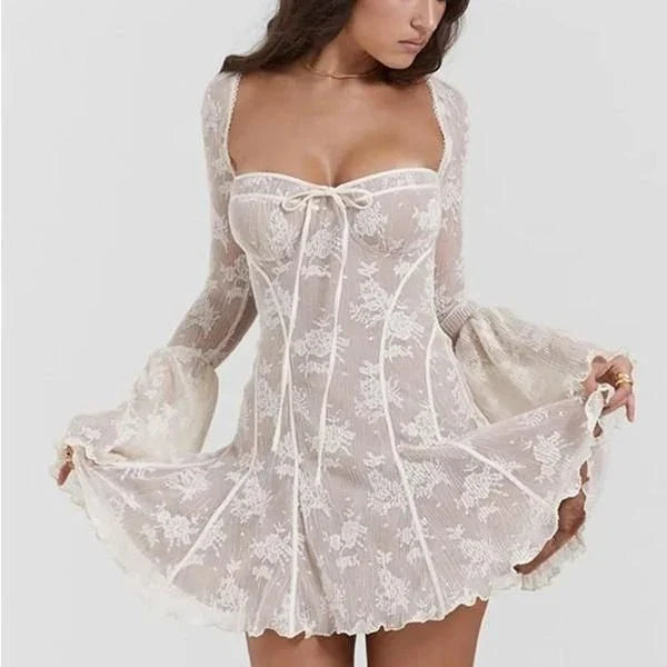 Elegant square collar backless flare sleeve mini dress in black color