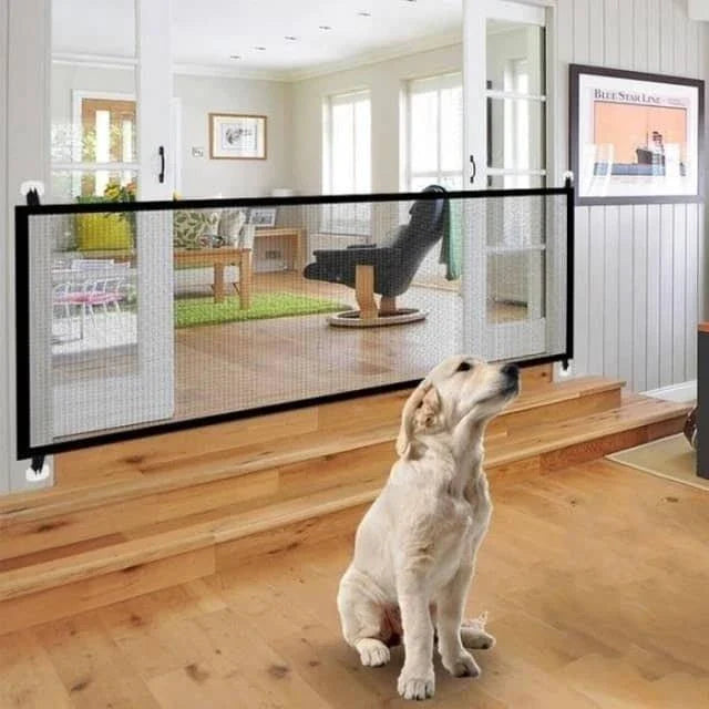 Versatile Portable Safety Net with fiberglass fabric, designed for easy installation and pet containment in doorways, walls, and stairwells