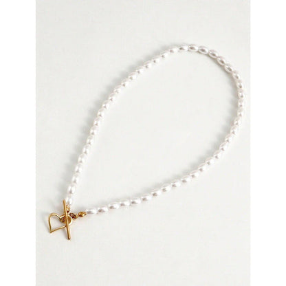 Elegant imitation pearl heart pendant necklace with lustrous bead chain and secure OT buckle closure
