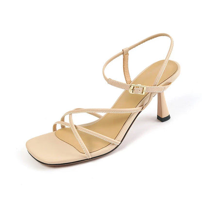 Elegant square high heel sandals for women in beige color with a stylish buckle closure and a cushioned insole for comfort