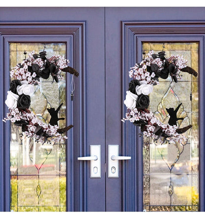 Halloween White Flower Black Rose Dried Wood Moon Cat Garland Ornaments