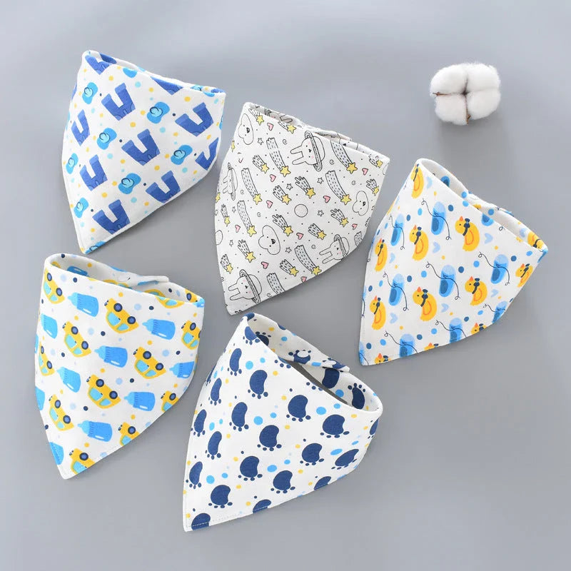 Fashionable cotton baby bandana bibs in various prints, with waterproof backing and adjustable design