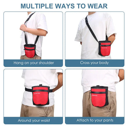 A durable and waterproof dog treat pouch with a magnetic closure, large capacity, and versatile wearing options for hands-free training sessions.