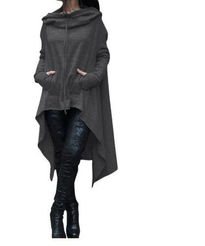 A cozy, loose-fit hooded sweatshirt in a stylish dark grey color, perfect for staying warm and comfortable during the fall and winter seasons.