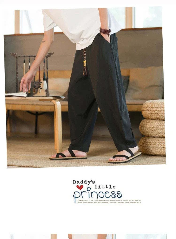 Men's Chinese-inspired harem pants made of luxurious ice silk fabric with a relaxed, draped silhouette
