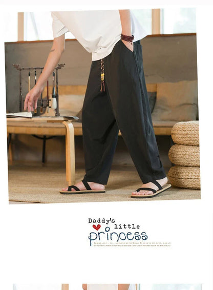 Men's Chinese-inspired harem pants made of luxurious ice silk fabric with a relaxed, draped silhouette