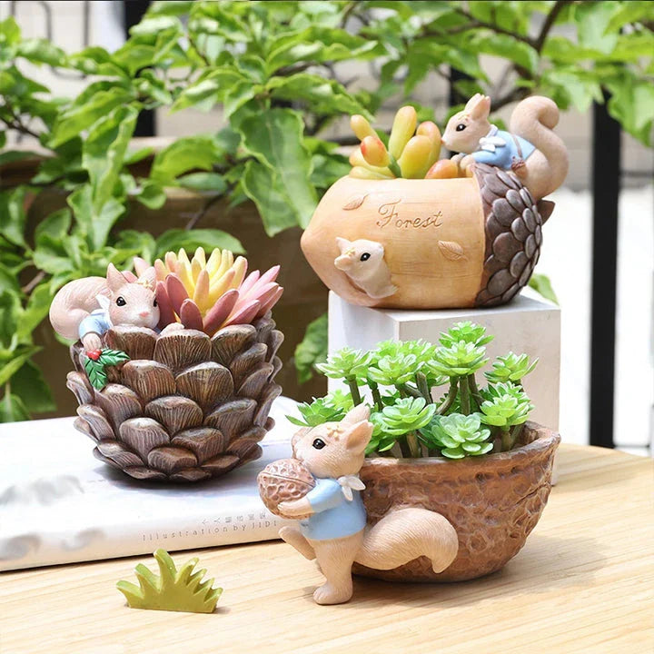 Cartoon squirrel-shaped succulent planter with drainage hole for healthy plant growth