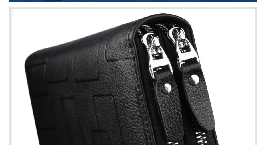 Premium genuine leather men's wallet with long zipper, card slots, and banknote clip for organized everyday carry