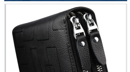 Premium genuine leather men's wallet with long zipper, card slots, and banknote clip for organized everyday carry