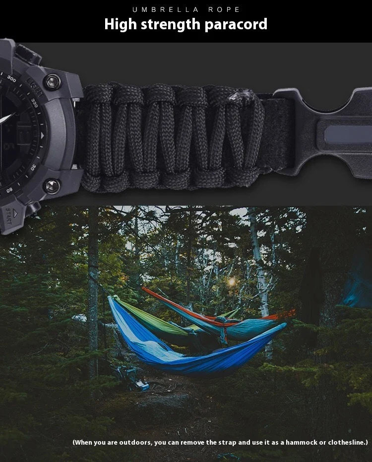 Outdoor survival watch with compass, parachute cord, and water-resistant design for rugged adventures