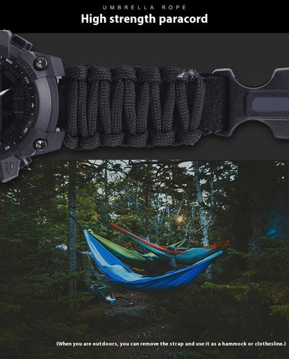 Outdoor survival watch with compass, parachute cord, and water-resistant design for rugged adventures