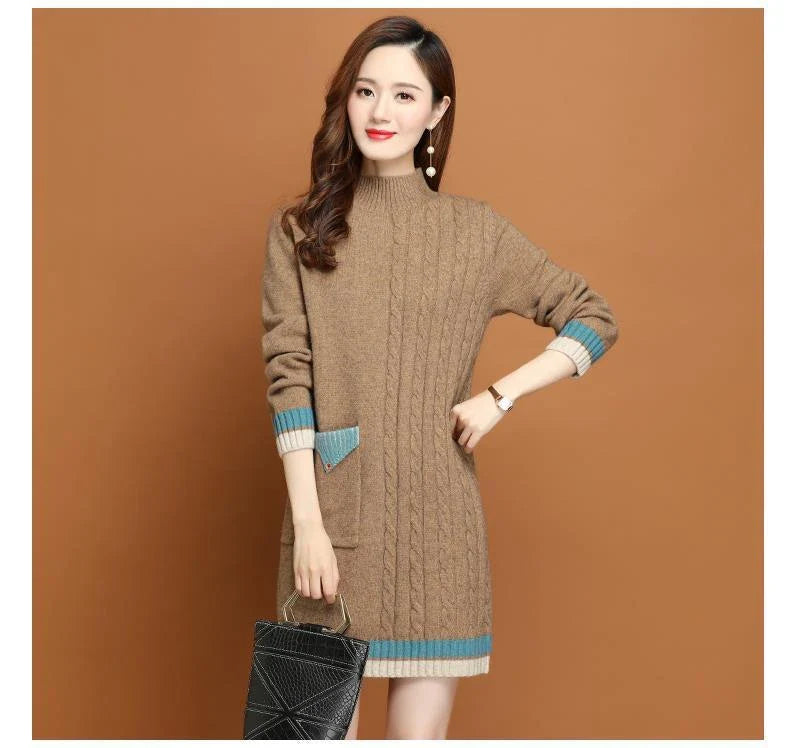 A mid-length knit dress with a cozy half-turtleneck, made of soft polyester fabric for all-day comfort and style.