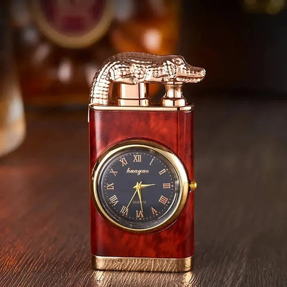 Premium dual-flame metal lighter with a distinctive crocodile head design, providing both style and functionality for outdoor and indoor use.