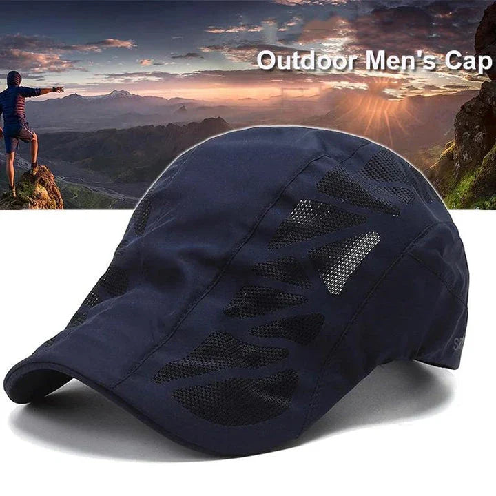 Breathable mesh summer beret cap with adjustable fit, cotton construction, and sun-shielding brim