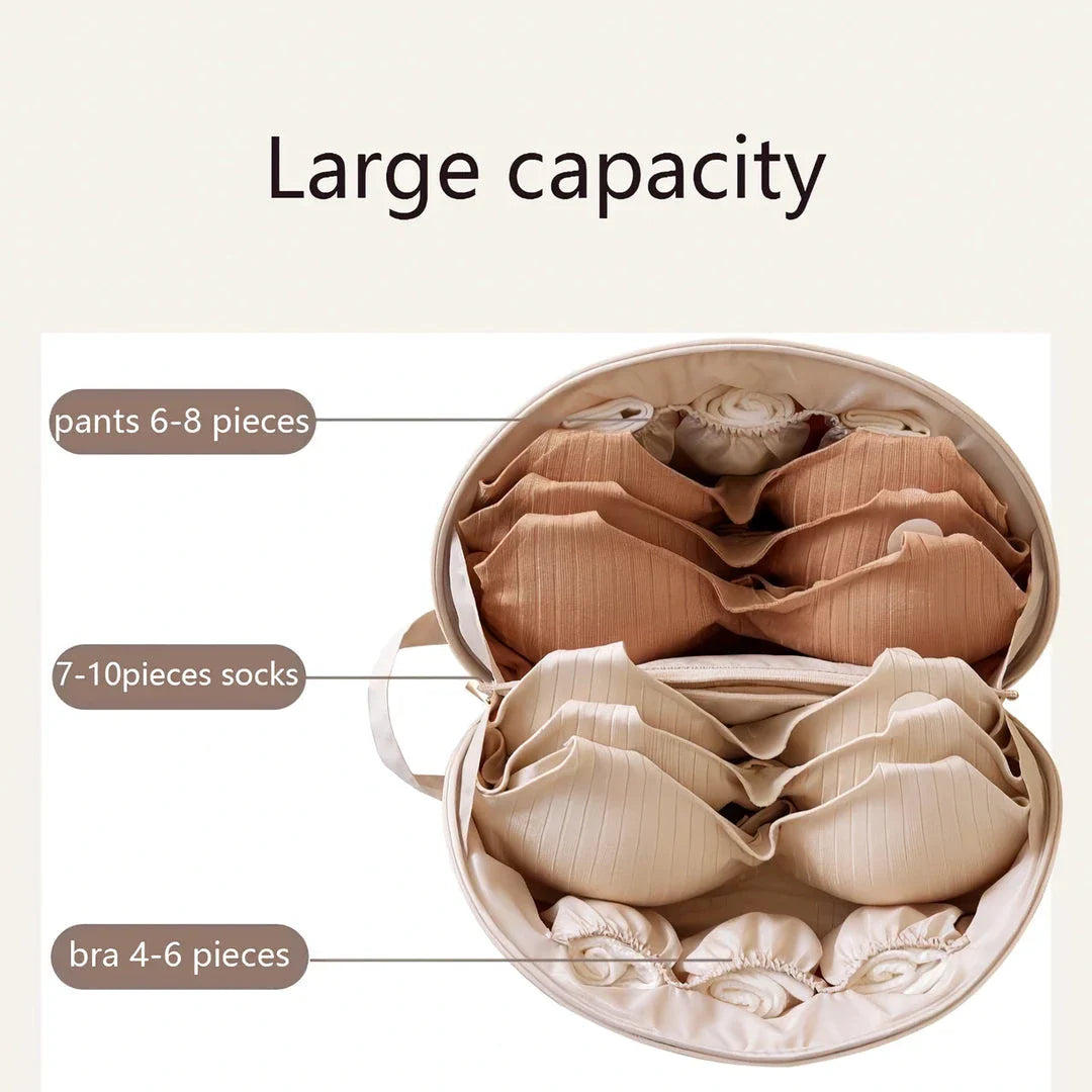 Compact travel underwear and lingerie organizer bag made of durable polyester for organized storage of bras, underwear, and socks while on the go.