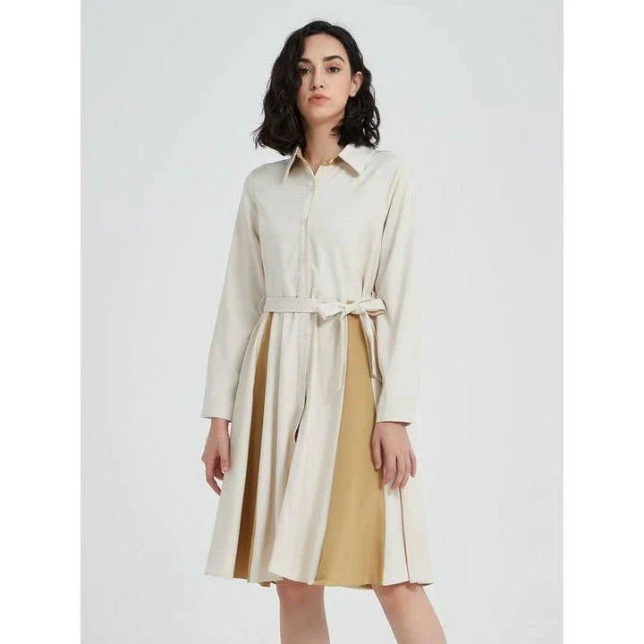 Elegant beige A-line dress with long sleeves, turn-down collar, and included belt for a flattering silhouette