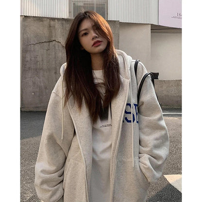Premium hooded cardigan sweater for women in white grey and black colors, featuring a plush and thickened polyester fabric design