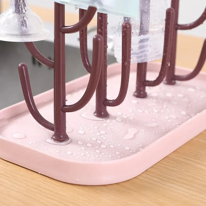 Multi-Functional Baby Bottle Drying Rack with Drip Tray in Blue, Pink, and Gray Colors