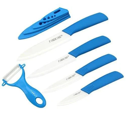 Vibrant ceramic knives in various colors, including red, blue, green, black, yellow, and orange, arranged on a white background.