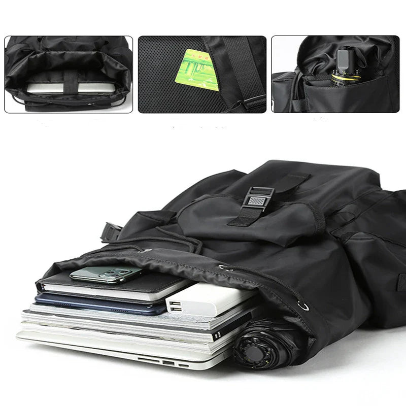 Men's versatile large capacity travel backpack in black color, featuring a spacious 20L design, water-resistant Oxford fabric, and breathable mesh back panel for comfort.