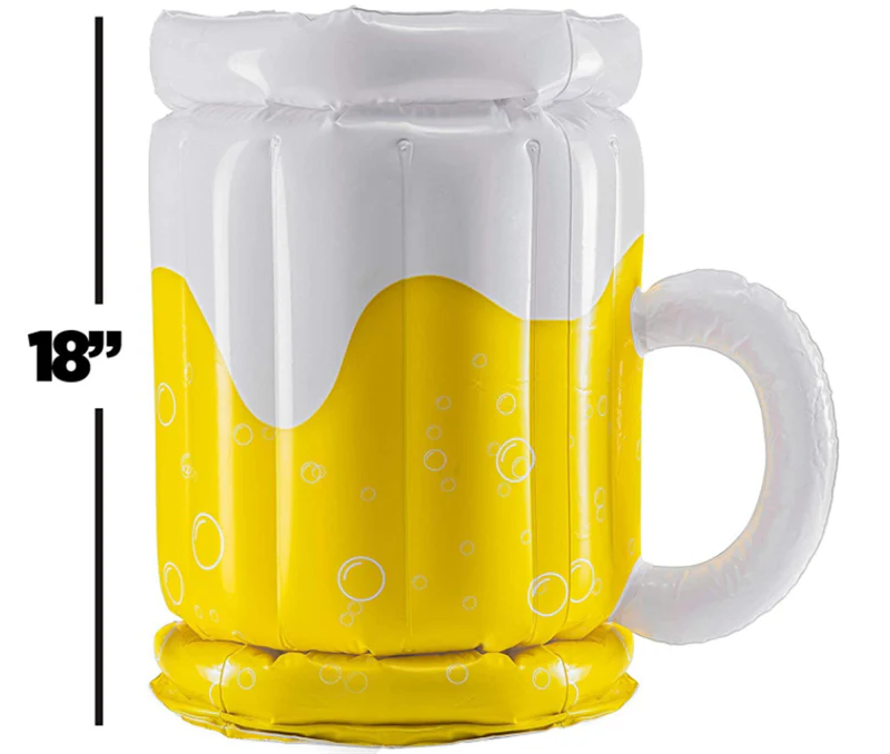 Oversized inflatable beer mug-shaped pool float with built-in cup holder for keeping drinks chilled and secure