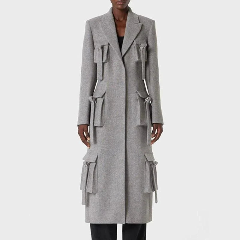 Stylish patchwork windbreaker trench coat with notched collar, button detailing, and flattering wide-waisted cut