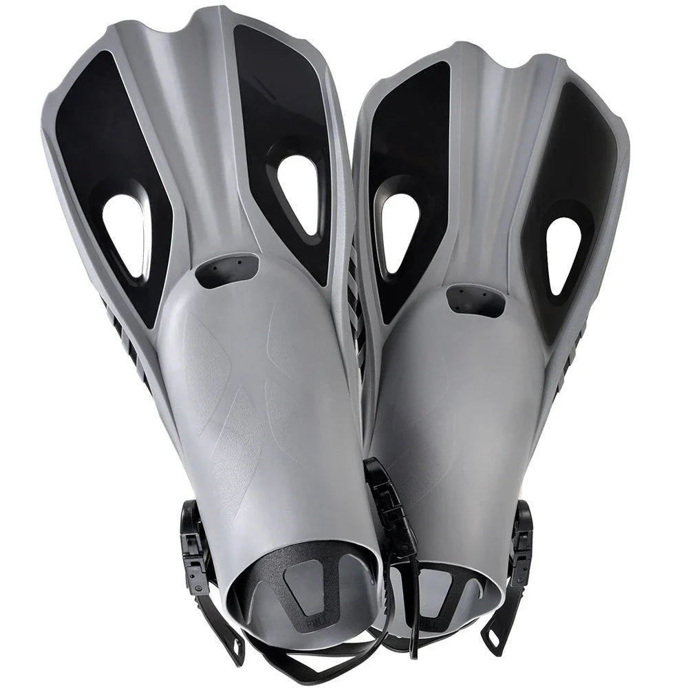 A pair of adjustable travel snorkel fins in various sizes and colors, perfect for underwater adventures and water sports.