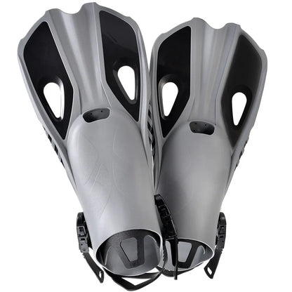 A pair of adjustable travel snorkel fins in various sizes and colors, perfect for underwater adventures and water sports.