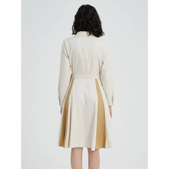Elegant beige A-line dress with long sleeves, turn-down collar, and included belt for a flattering silhouette