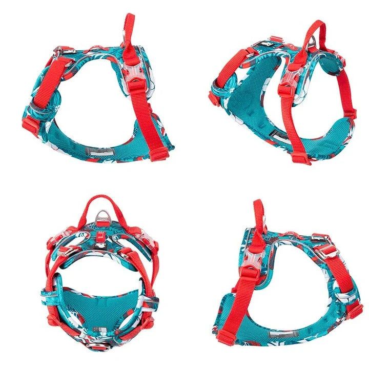 Durable reflective camouflage dog harness with lightweight aviation aluminum buckle for enhanced safety and comfort during outdoor activities